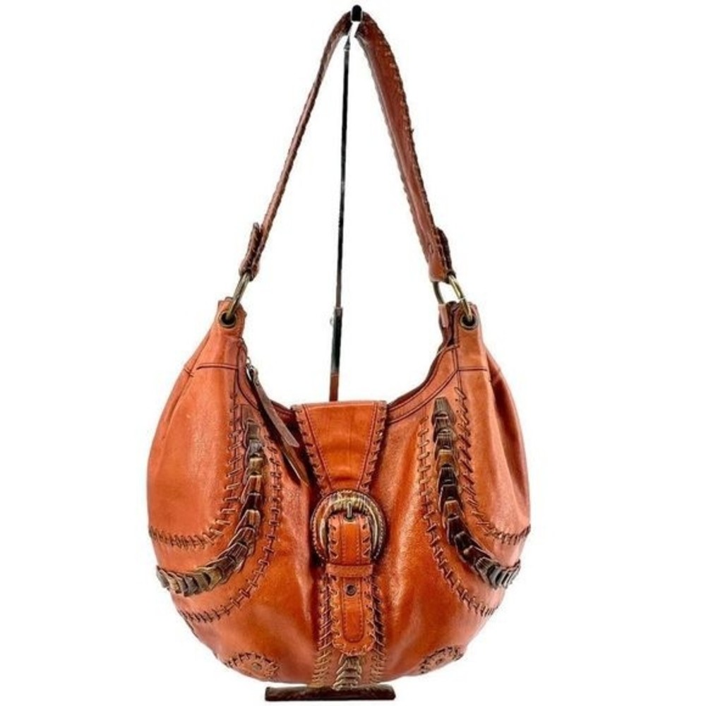 Vintage Isabella Fiore Whipstiched Cognac Brown Leather Large Hobo Bag
